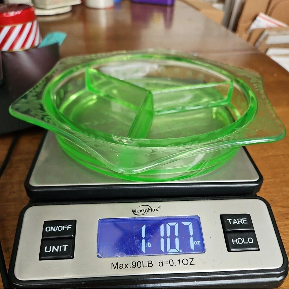 Vtg Green Uranium Vaseline Glass 3 Part Serving Dish Jewelry organizer Trinket